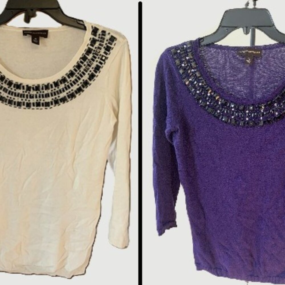 DANA BUCHMAN sweater shirts with black beaded neckline - 1 white and 1 purple